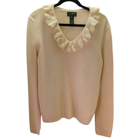 Lauren Ralph Lauren Sweaters - Lauren Ralph Lauren Lace Ruffle Trim Neck Cream Sweater Merino Wool Cashmere XL